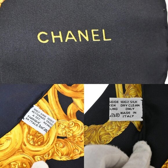 CHANEL CC Logo XL 96cm Scarf Handkerchief 100% Silk Black Italy - Picture 6 of 6